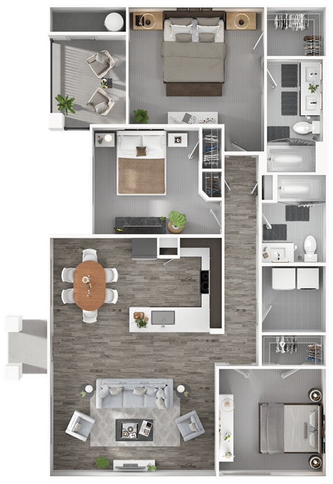 Floor plan for 3 beds, 2 baths, 1390 sqft